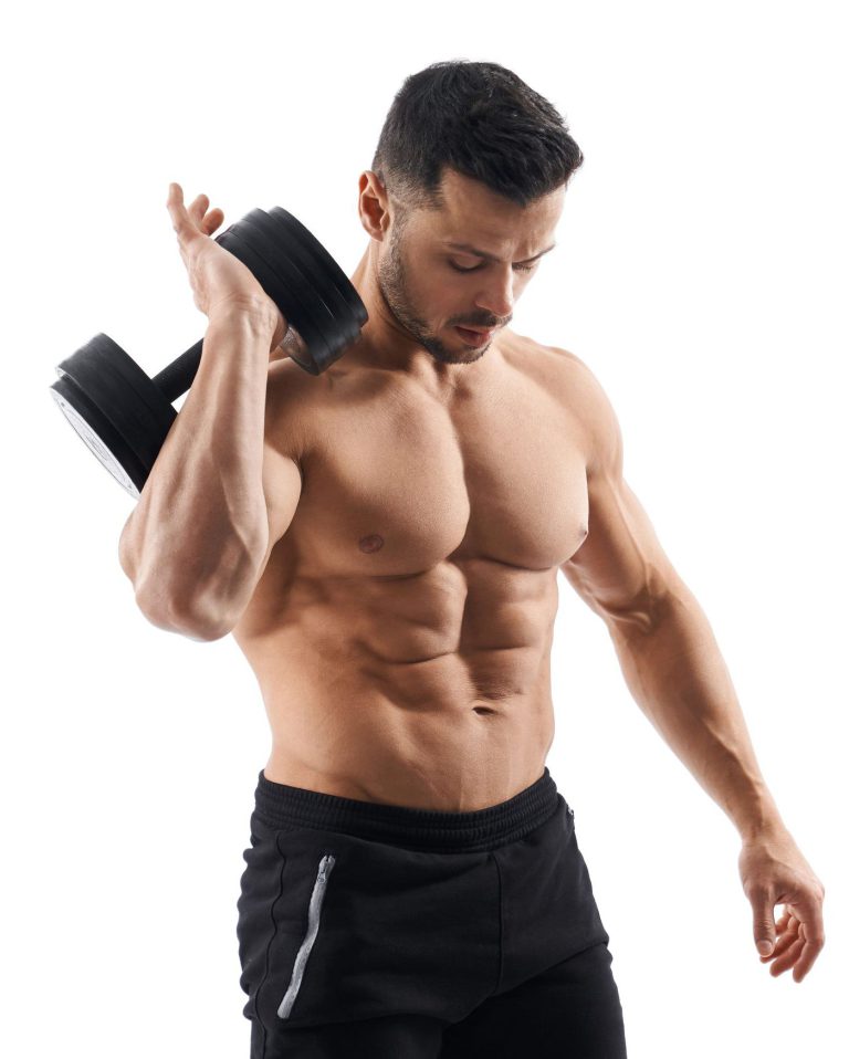 Shirtless muscular man with weight dumble